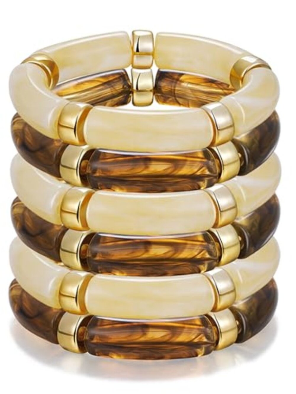 New - 6pcs Chunky Acrylic Bangle Bracelets for Women, Resin Bamboo Brown